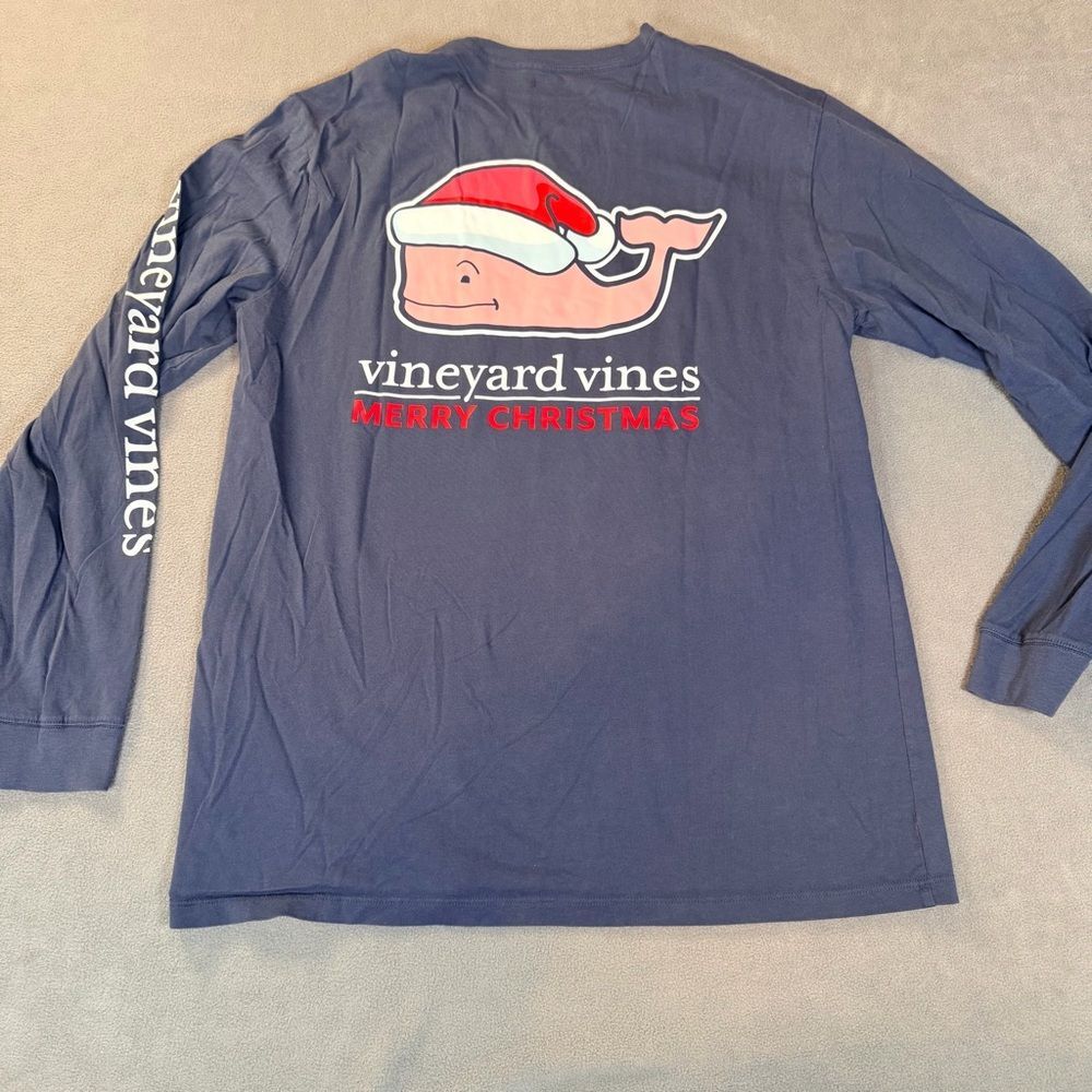 Vineyard Vines Men’s Christmas Santa Whale- Blue Long Sleeve T-Shirt- Medium
